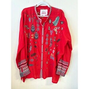 Johnny Was Biya Silk Embroidered Blouse Tunic Top